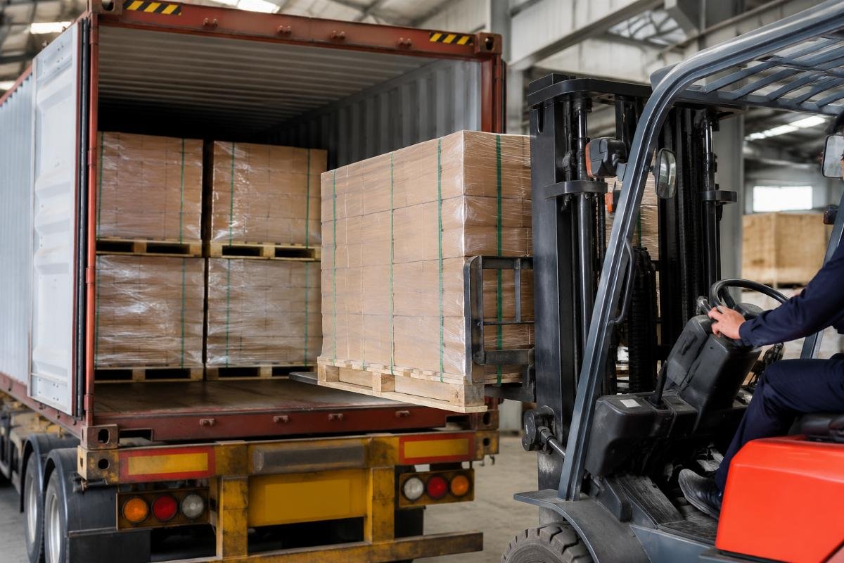 Bearing bulk order shipping and consolidation A shipping container being loaded with pallets of bearing boxes for sea freight consolidation