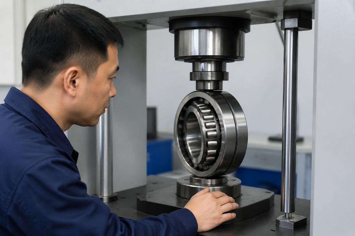 Bearing quality control and precision testing A technician testing a spherical roller bearing for load capacity in a quality control lab