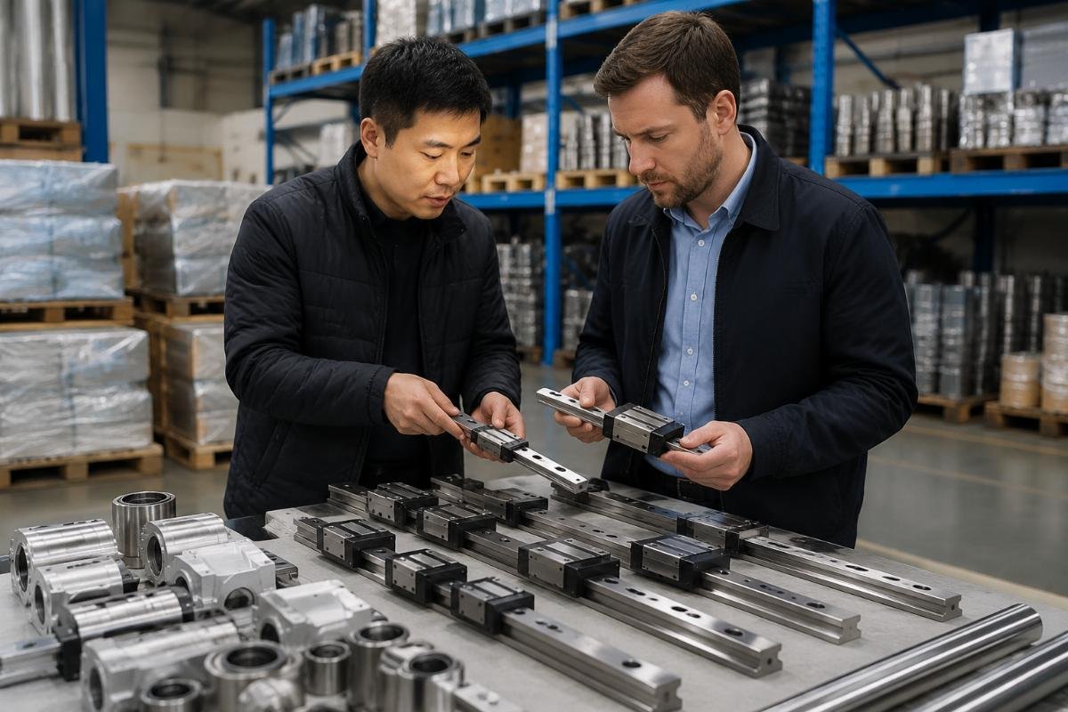 LM SC SBR linear bearing sourcing from China Global industrial buyer reviewing LM series linear guide samples at a Chinese supplier warehouse