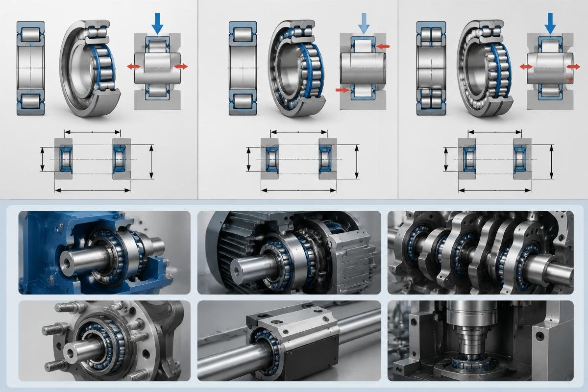 NA, NK, HK series bearing cross-section diagrams showing load capacity and installation dimensions