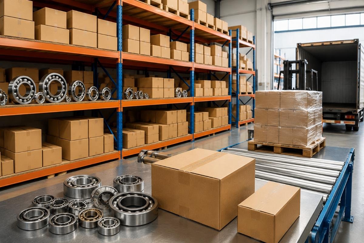 One-stop bearing supplier inventory and order fulfillment A warehouse shelf holding labeled boxes of different bearing series with a shipping label ready for dispatch